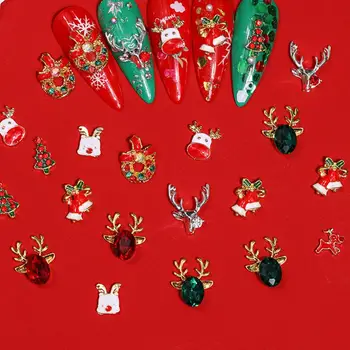 10Pcs חג המולד ציפורניים מניקור ריינסטון חג מולד קריקטורה עיצוב אייל פעמוני עץ חג המולד סגסוגת יהלומים מזויפים מסמר אבזרים
