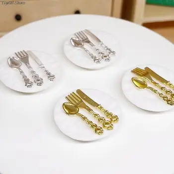 1set מיניאטורי בית בובות מיני קרמי צלחת עוגה להגדיר DIY סכין מזלג כף מודל Microscene צילום אביזרים, קישוטים
