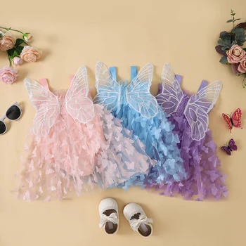 2023-04-18 Lioraitiin 0-24M התינוק הנולד בנות אופנה הקיץ השמלה ללא שרוולים עם קפלים פרפר טול טלאים קו-שמלה