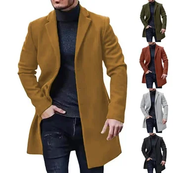 2023 סתיו/חורף בסגנון בריטי גברים ארוך מוצק צבע דש המעיל