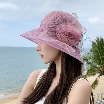 2023 קיץ נשים שוליים רחבים, אלגנטיים פרחים רשת תחרה קנטאקי דרבי החתונה מסיבת התה הכנסייה כובע מתקפל הגנת UV כובע השמש