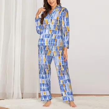 Geo הדפסה פיג ' מה להגדיר האביב בצבעי השבט לילה, הלבשת לילה ליידי שני חלקים רופפים גדולים גרפי Nightwear מתנת יום-הולדת.