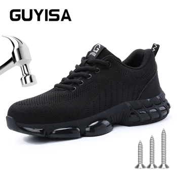GUYISA בטיחות ShoesFor גברים בוהן פלדה שחור לנשימה נוח לעבוד נעלי ספורט בוהן פלדה הגנה בגודל ט ' 37-45