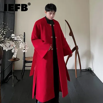 IEFB מגמה חדשה של גברים צמר, מעיל החורף חדש בסגנון סיני Hanfu כיכר צווארון מעיל ארוך בצבע מלא צמר מעיל רוח 9C3455