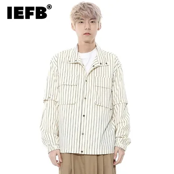 IEFB פס זכר חולצה אופנה קוריאנית דש להסרה שרוול כיסים גדולים של גברים חולצות נישה עיצוב האביב אופנתי חדש 9C4409