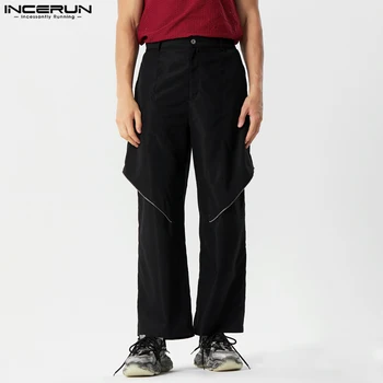 INCERUN 2023 בסגנון אמריקאי, המכנסיים החדשים של גברים רוכסן מזדמנים מכנסיים ארוכים מסוגנן זכר מוצק דקונסטרוקציה עיצוב Pantalons S-5XL
