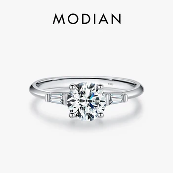 MODIAN 1.0 CT סיבוב Moissanite טבעת D צבע מעבדה יהלום קלאסי 925 כסף סטרלינג החתונה טבעת אירוסין תכשיטים לנשים