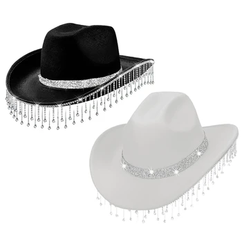 Q1FA בוקרים כובעים עבור נשים מוצק צבע אבני חן כובע רחב שוליים בסגנון נשי כובע נצנצים בוקרת כובע עם נוצות