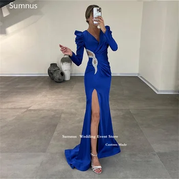 Sumnus כחול מלכותי שמלות ערב ארוכות שרוולים בתולת ים הרגל שסף אלגנטי שמלות ערב לנשים 2023 רשמי שמלות אירוע