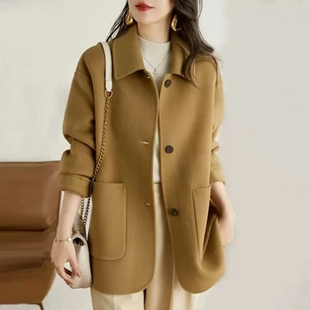 אביב סתיו צמר מעיל נשים 2023 קוריאנית פשוט רופף ארוך שרוולים מעיל צמר בודד עם חזה נשי מזדמן להאריך ימים יותר