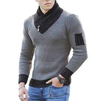 אופנה גברים לסרוג צעיף סגנון צווארון הסוודר Slim Fit מוצק צבע חם בציר כותנה סוודר סוודרים, בגדי גברים