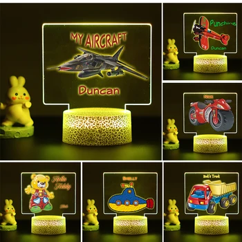 אישית שם מותאם אישית 3D LED Arcylic מנורת לילה לתינוק, מתנת יום הולדת ילדים, פעוטות, בנים, בנות חמוד מטוסים לשאת הדפסה