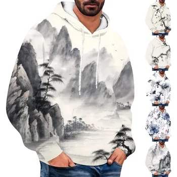 גברים רופף מודפס ' ונים גברים מזדמנים אופנה ספורט סווטשירט בסגנון סיני המכוסה ברדס נוף ציור