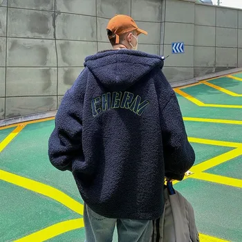 האמריקאי Lambswool כותנה מרופד מעיל מעיל זכר Y2K רחוב אופנה Harajuku מכתב רקמה קוריאנית מזדמן רופף מעיל