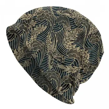 הדרקון והים דפוס בונט Homme סתיו אביב רזה Skullies כובעים אמנות יפנית קעקוע כובעים עבור נשים גברים כובעים יצירתיים.