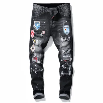 היפ הופ אופנת רחוב, אופנה הבלוי תיקון תג 'ינס גברים סתיו שטחי כותנה למתוח מכנסי ג' ינס נוער רזה במצוקה מכנסיים