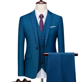 (ז ' קט+אפוד+מכנסיים) Mens איכות גבוהה עסקים חתונה 3 חלקים בהתאם אבזם מוצק צבע השמלה להגדיר חליפות חתן
