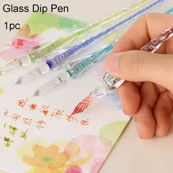 מחשב 1 זכוכית חדשה טפטוף עט נובע בציר זכוכית כתיבה לטבול טבילה עט החתימה מילוי דיו מעיין ציור DIY מלאכה עטים
