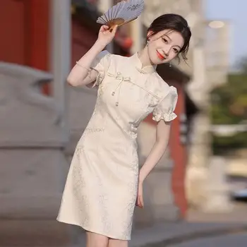 נשים סיניות בסגנון צרפתי פרח צ 'יפאו חופשי תחרה Cheongsam מזרחי חינני לעמוד צווארון שיפור צ' יפאו השמלה Vestido