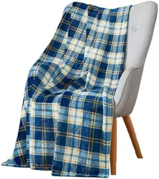 עיצוב לזרוק שמיכה רכה כתום לבן דלעות עלים, פירות יער על דף רקע כחול על הספה בסלון למיטה, כיסא או D