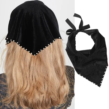 קטיפה שחורה טורבן Headbands נשים Headwarp אופנה פרל חבוש בנדנה לנשים חורף חם להקות שיער אביזרים לשיער