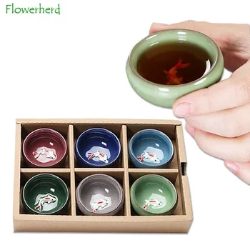 קרח סדוק זיגוג קרמי כוס תה פורצלן תה Teaware דגים צבעוניים יצירתי 6 יח ' קרפיון הקלה קונג פו ערכת תה תה הקערה.
