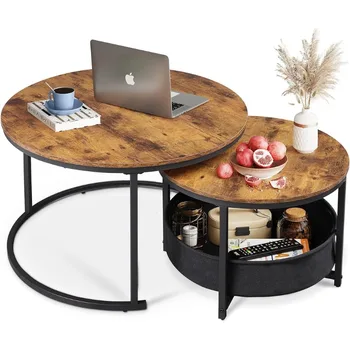 שולחן קפה סט של 2, 32in סיבוב קינון שולחן הסלון,עיגול קטן לשולחן עם אחסון עבור שטח קטן,מסגרת מתכת