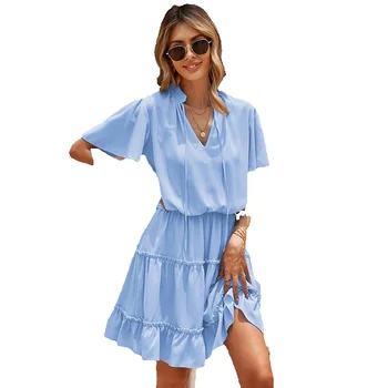 שי יינג מוצק צבע השמלה של נשים קיץ חדשות פרע V-צוואר שרוול קצר באורך הברך 224978