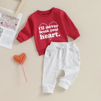 תינוק תינוק בן יום האהבה תלבושת לב מכתב מודפס שרוול ארוך Crewneck חולצות ומכנסיים להגדיר