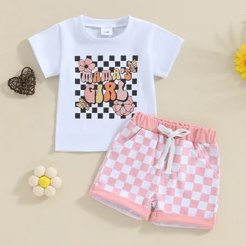 תינוקת 2Pcs תלבושות קיץ שרוול קצר חולצות מכנסי שחמט להגדיר הפעוט בגדים